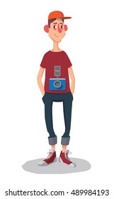 Photographer character with camera. Photographer in vector isolated on white background.