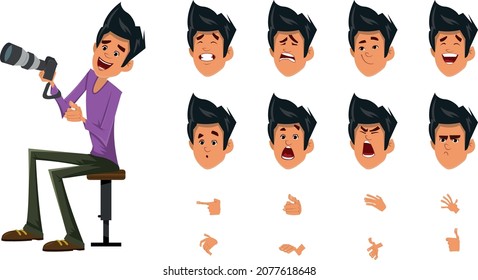 Photographer character with emotion set for motion design and animation