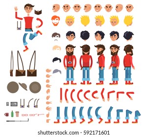Photographer character flat collection on white. Vector illustration with signs of bended arms and legs, person with camera, emotions on faces, signals on fingers, brown hat and bag in various poses