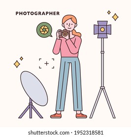 Photographer character and icon set. flat design style minimal vector illustration.