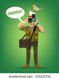 Photographer character takes photo. Cheese bubble. Vector flat cartoon illustration