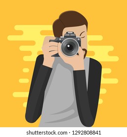 Photographer character takes photo. vector illustration