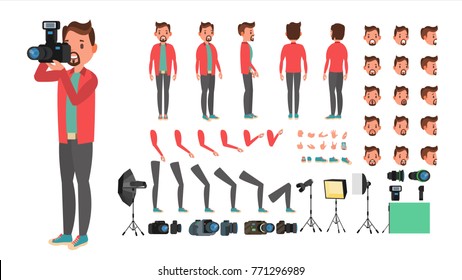 Photographer Character Vector. Taking Pictures With Camera. Animated Man Character Creation Set. Full Length, Front, Side, Back View, Accessories, Poses, Face Emotions, Gestures. Flat Illustration