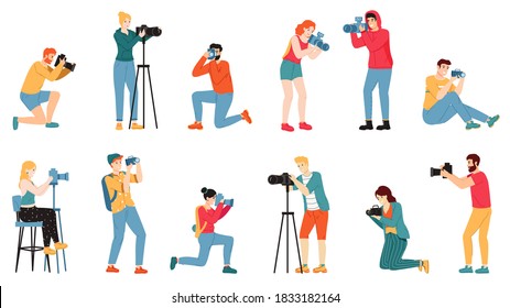 Photographer characters. Paparazzi, cameraman creative people take photo shot, reporters and journalists characters vector illustration set. Man and woman taking pictures from different angles