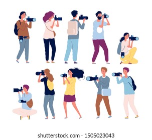 Photographer characters. Professional videography and photographers standing with cameras vector collection