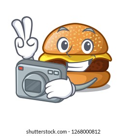 Photographer cheese burger located on plate cartoon