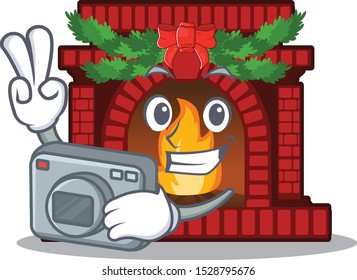 Photographer christmas fireplace on of cartoon table