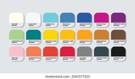 Photographer Color Guide Palette with Color Names. Catalog Sample Photographer with RGB HEX codes and Names. Colors Palette, Media Photographer Color Palette, Fashion Trend Photographers Color Palette