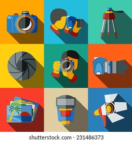 Photographer colorful flat icons set on bright squares, with - shutter, camera, photos, shooting photographers, flash, tripod, spotlight. Vector