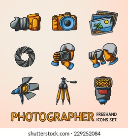 Photographer colorful freehand icons set with - shutter, camera, photos, shooting photographers, flash, tripod, spotlight. Vector