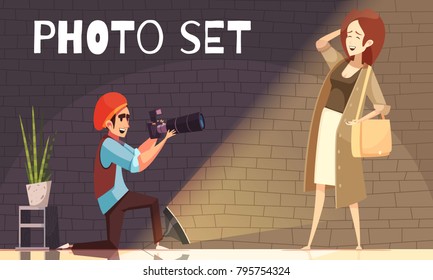 Photographer composition with indoor photographic studio interior and professional cameraman shooting female model with text vector illustration