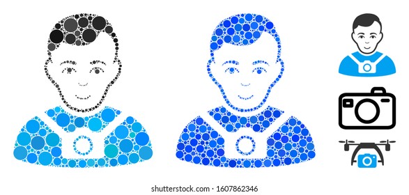 Photographer composition of round dots in various sizes and shades, based on photographer icon. Vector round dots are grouped into blue composition.