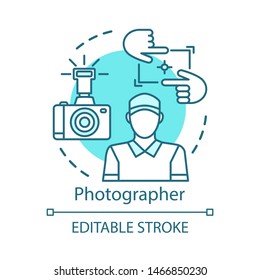 Photographer concept icon. Operator, correspondent idea thin line illustration. Digital camera, photo equipment. Photo journalist, reporter. Vector isolated outline drawing. Editable stroke