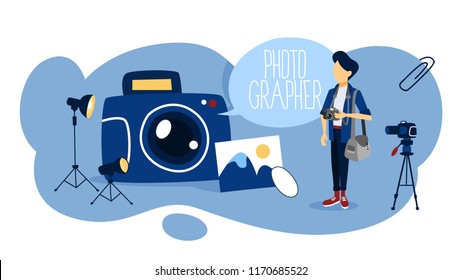 Photographer concept. Professional photographer with camera. Artistic occupation and photography courses. Isolated flat vector illustration