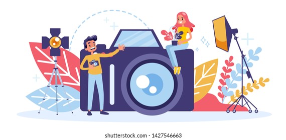 Photographer Concept. Professional Photographer With Camera. Artistic Occupation And Photography Courses. Vector Illustration In Cartoon Style