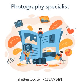 Photographer concept. Professional photographer with camera taking pictures. Artistic occupation and photography courses. Isolated flat vector illustration