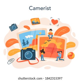 Concepto de fotógrafo. Fotógrafo profesional con cámara fotográfica. Cursos de ocupación artística y fotografía. Ilustración vectorial plana aislada