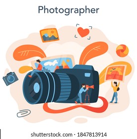 Concepto de fotógrafo. Fotógrafo profesional con cámara fotográfica. Cursos de ocupación artística y fotografía. Ilustración vectorial plana aislada