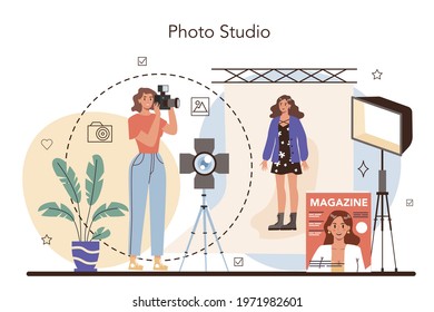 Photographer concept. Professional photographer with camera taking pictures in a studio. Artistic occupation and photography journalism. Isolated flat vector illustration