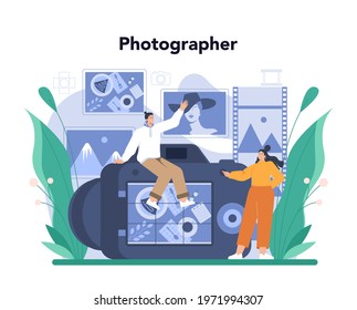 Photographer concept. Professional photographer with camera taking pictures in a studio. Event photography. Isolated flat vector illustration