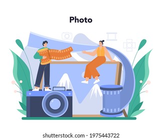Photographer concept. Professional photographer with camera taking pictures in a studio. Event photography. Isolated flat vector illustration