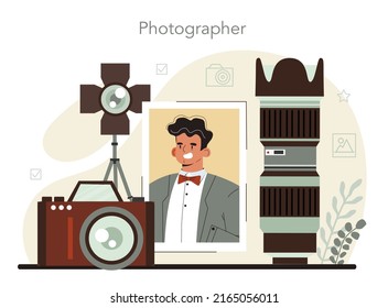 Photographer concept. Professional photographer with camera taking pictures in a studio and editing photo. Event photography. Isolated flat vector illustration