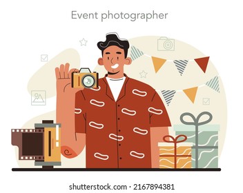 Photographer concept. Professional photographer with camera taking pictures in a studio and editing photo. Event photography. Isolated flat vector illustration