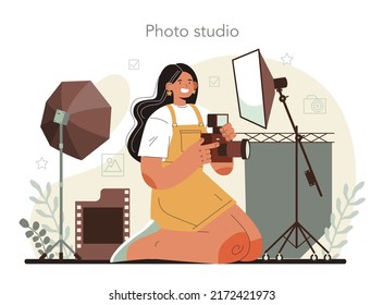 Photographer concept. Professional photographer with camera taking pictures in a studio and editing photo. Event photography. Isolated flat vector illustration