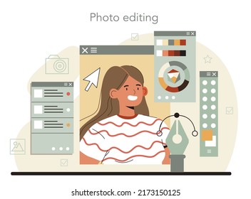 Photographer concept. Professional photographer with camera taking pictures in a studio and editing photo. Event photography. Isolated flat vector illustration