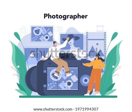 Photographer concept. Professional photographer with camera taking pictures in a studio. Event photography. Isolated flat vector illustration