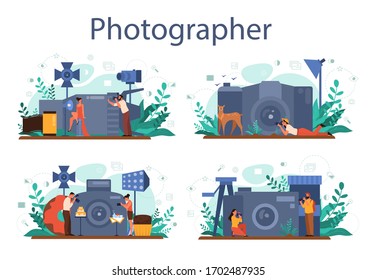 Photographer concept set. Professional photographer with camera taking pictures. Artistic occupation and photography courses. Isolated flat vector illustration