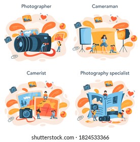 Photographer concept set. Professional photographer with camera taking pictures. Artistic occupation and photography courses. Isolated flat vector illustration