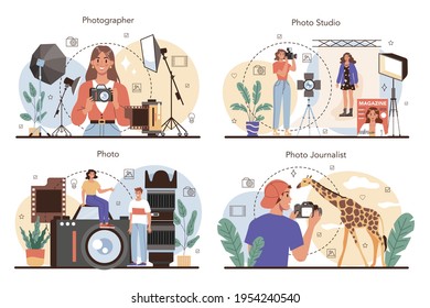 Photographer concept set. Professional photographer with camera
