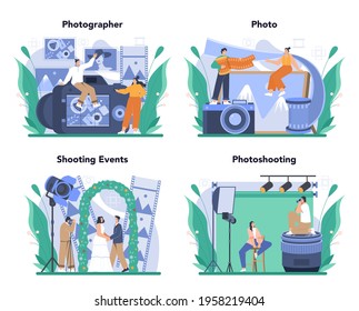 Photographer concept set. Professional photographer with camera