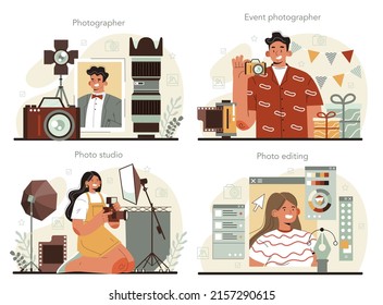 Photographer concept set. Professional photographer with camera taking pictures in a studio and editing photo. Event photography. Isolated flat vector illustration
