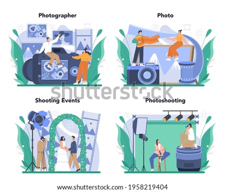 Photographer concept set. Professional photographer with camera