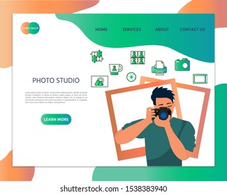 Photographer Concept. Vector illustration with photographer is taking a photo using  camera. Template can use for landing page, wallpaper, background, banner, advertising, web. 