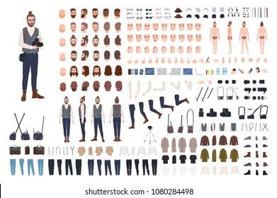 Photographer constructor set or DIY kit. Collection of male cartoon character body parts, facial expressions, clothes, digital and film photo cameras isolated on white background. Vector illustration