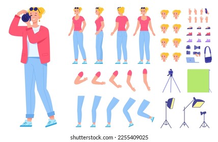 Constructor fotógrafo. Camarógrafo femenino con kit de personaje de cámara fotográfica, animación de trabajo de periodista femenina, generador de ropas y caras, ilustración vectorial del día de la fotografía creación de fotógrafas