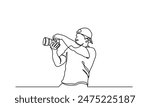 photographer, continuous line drawing professional young man photographer. Man-making photos with a camera. Single-line photographer takes pictures using camera isolated on a white background.