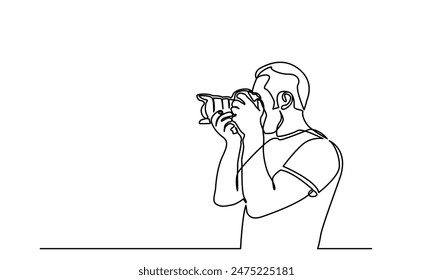 photographer, continuous line drawing professional young man photographer. Man-making photos with a camera. Single-line photographer takes pictures using camera isolated on a white background.