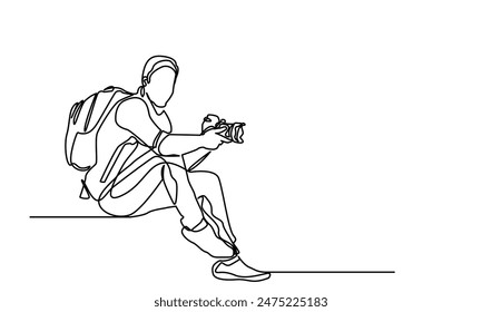 photographer, continuous line drawing professional young man photographer. Man-making photos with a camera. Single-line photographer takes pictures using camera isolated on a white background.