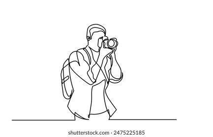 photographer, continuous line drawing professional young man photographer. Man-making photos with a camera. Single-line photographer takes pictures using camera isolated on a white background.