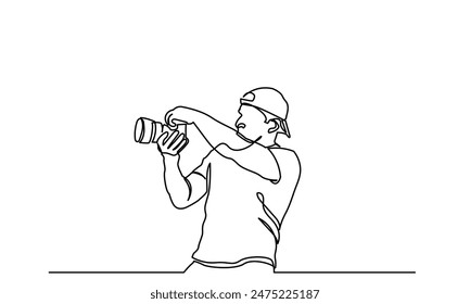 fotógrafo, línea continua de dibujo profesional joven fotógrafo. Fotos hechas por el hombre con una cámara. Fotógrafo de una sola línea toma fotos usando la cámara aislada sobre un fondo blanco.