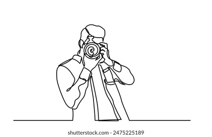 photographer, continuous line drawing professional young man photographer. Man-making photos with a camera. Single-line photographer takes pictures using camera isolated on a white background.