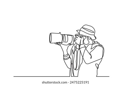 photographer, continuous line drawing professional young man photographer. Man-making photos with a camera. Single-line photographer takes pictures using camera isolated on a white background.