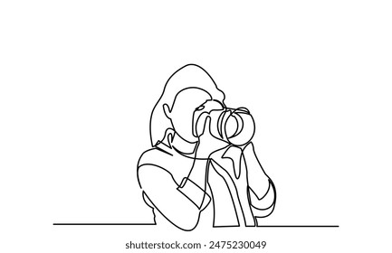 photographer, continuous line drawing professional young girl photographer. woMan-making photos with a camera. Single-line photographer takes pictures using a camera isolated on a white background.