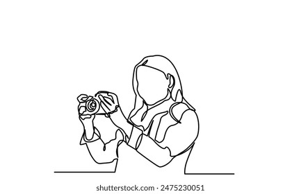 photographer, continuous line drawing professional young girl photographer. woMan-making photos with a camera. Single-line photographer takes pictures using a camera isolated on a white background.