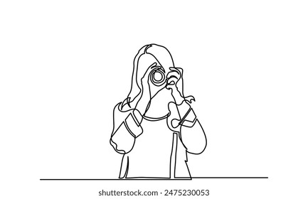 photographer, continuous line drawing professional young girl photographer. woMan-making photos with a camera. Single-line photographer takes pictures using a camera isolated on a white background.