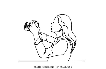 photographer, continuous line drawing professional young girl photographer. woMan-making photos with a camera. Single-line photographer takes pictures using a camera isolated on a white background.